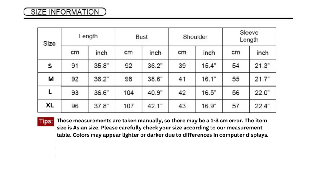 Oversize Sleep Dress Size chart